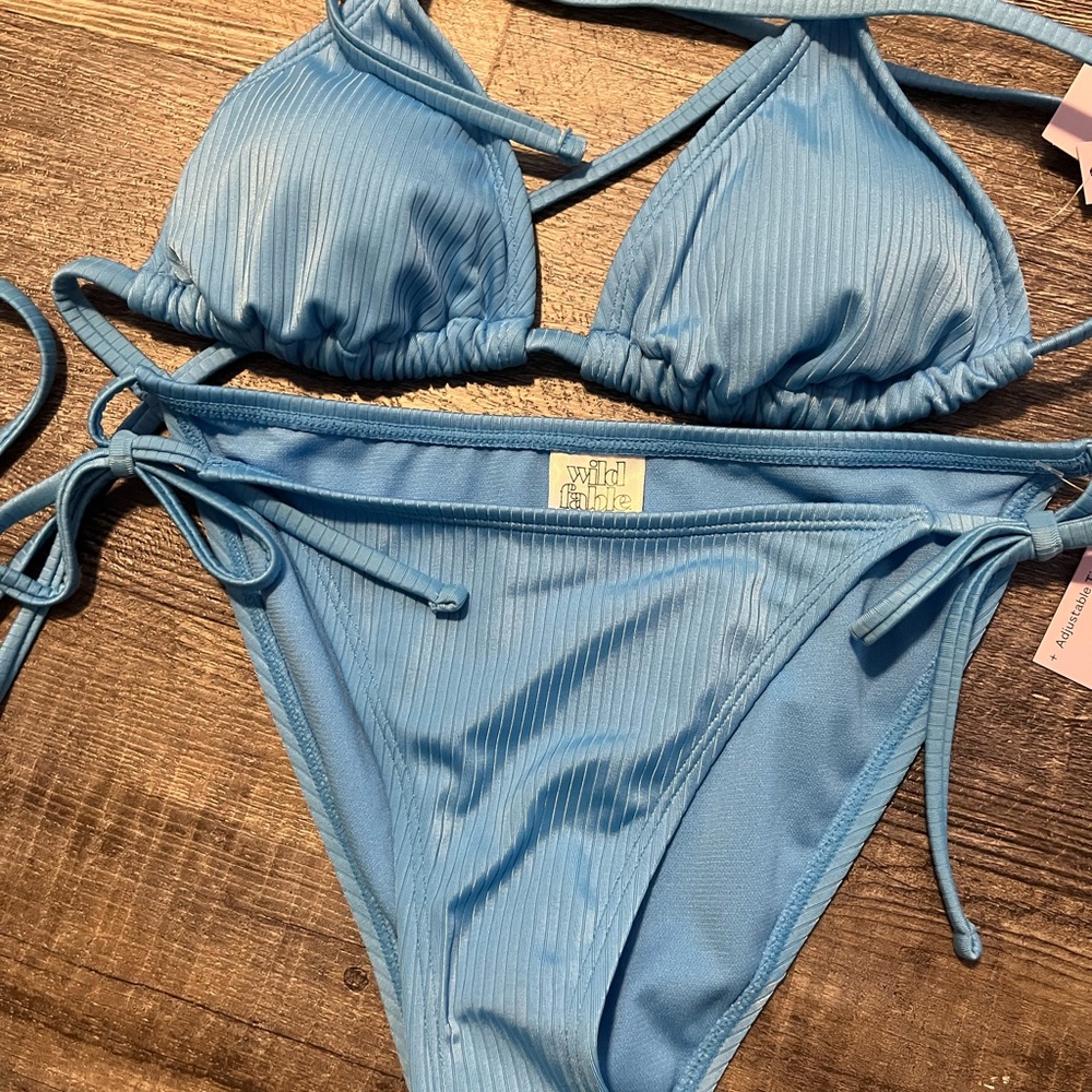 wild fable Sky Blue Ribbed String Bikini Set